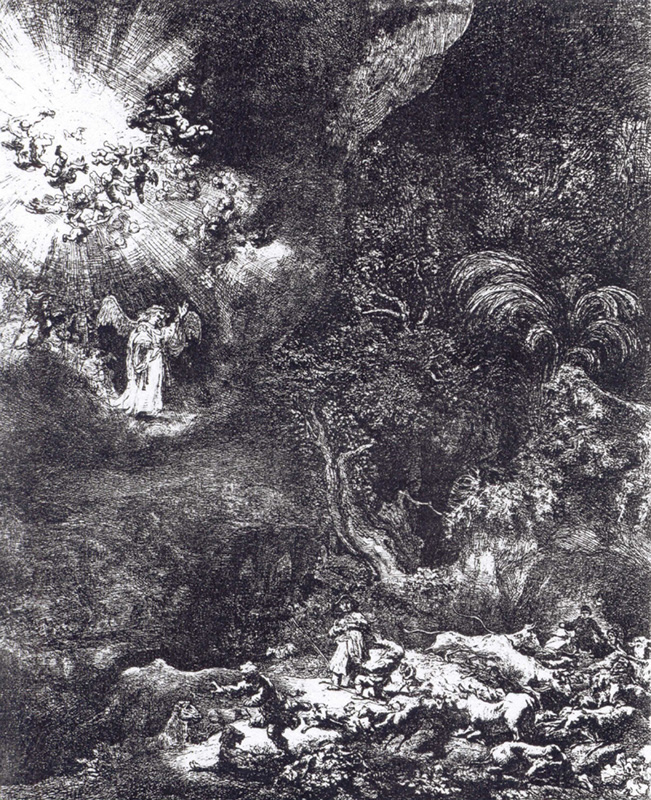 Rembrandt van Rijn (1606-1669), The Annunciation to the Shepherds, 1634, etching, courtesy of the National Museum in Gdańsk, photo: kolekcje.mkidn.gov.pl